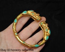 old Chinese 24k gold Gilt Inlay gem dragon loong head bracelet jewelry Jewellery