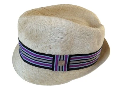Sombrero Sean John 100 % cáñamo Fedora beige con rayas negras moradas Foto 1 de 4