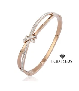 Rose gold finish created diamond round cut Love Knot Crossover design bangle - Picture 1 of 8