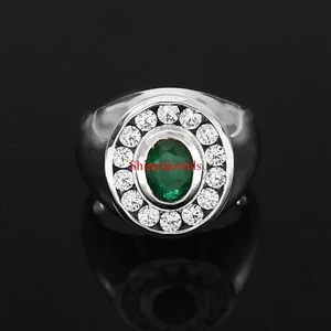 Labor Erstellt Smaragd Edelstein Mit 18K Weiß Vergoldet Silberring Für Men #1103 - Bild 1 von 11