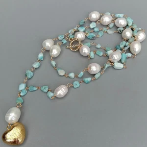 Blue Larimar White Rice Pearl Necklace Heart Brushed Gold Plated Pendant 21" - Picture 1 of 8