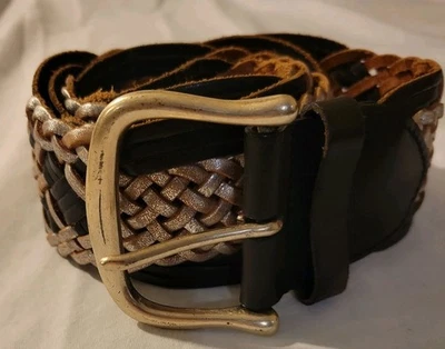 LINEA PELLE Women's Genuine Leather Camel Braided Belt Brass Buckle Size L - Image 1 of 4