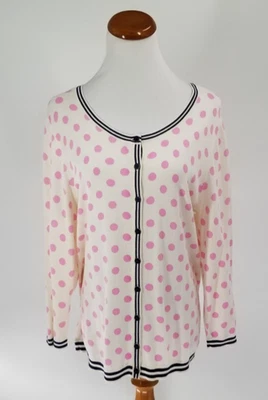 Talbots Plus Size 2X Pinnk Polka Dot Navy Stripes Ivory Cardigan 3/4 Sleeves - Image 1 of 4