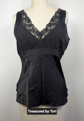 Camiseta sin mangas Old Navy Y2K vintage pequeña negra 100 % seda y encaje Whimsigoth Foto 1 de 4