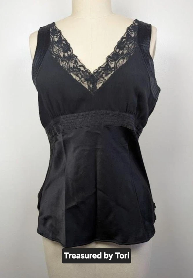 Старый темно-Y2K винтажный маленький черный Babydoll 100% шелк и кружева Майка Whimsigoth - Изображение 1 из 4