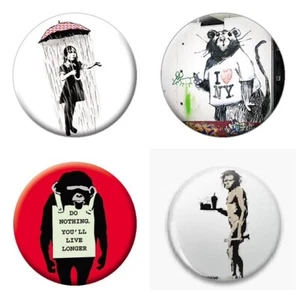 (4) Banksy Pinback Buttons - Umbrella Girl, Caveman, NY Rat, Do Nothing Monkey - Picture 1 of 1