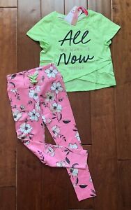 NWT JUSTICE GIRLS 7/8 10/12 OUTFIT~ GREEN GRAPHIC TEE & FLORAL LACE UP LEGGINGS