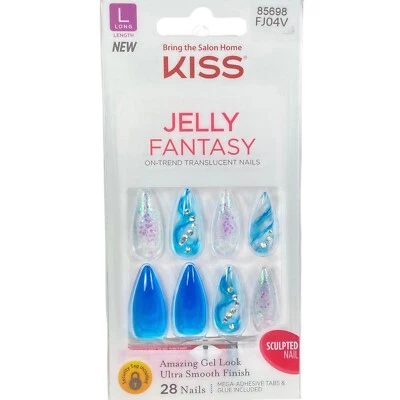NEW Kiss Nails Jelly Fantasy Press or Glue Manicure Long Gel Stiletto Blue Smoke - Image 1 of 3