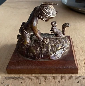 VTG Sgnd RAM Richard A Myer Native American Indian Boy Squirrel Bronze Sculpture - Picture 1 of 9