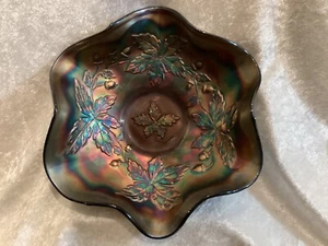 Antique Fenton Art Glass Co. Carnival Glass "Autumn Acorns” Blue Ruffled Bowl - Picture 1 of 4