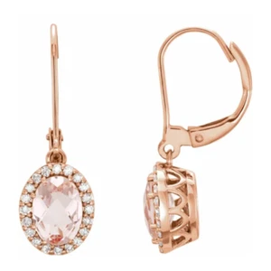 Romantic Pink Morganite Natural Diamond 14K Rose Gold Women Dangle Earrings Gift - Picture 1 of 2