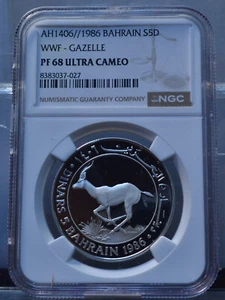 1986 5 DINARS BAHRAIN WWF GAZELLE NGC PF68 UCAM UNCIRCULATED SILVER COIN - Picture 1 of 6