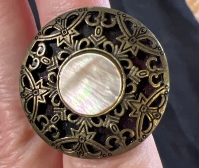 Mahogany Colored Lacquered Shell With Brass Filigree Design & mother of Pearl 8 - Image 1 of 4