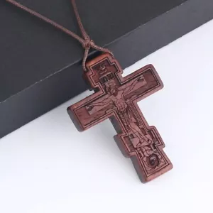 Wooden Cross Jesus Christ Religious Crucifix Christian Orthodox Pendant Necklace - Picture 1 of 9
