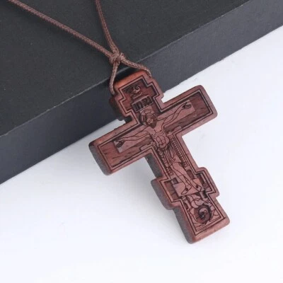 Wooden Cross Jesus Christ Religious Crucifix Christian Orthodox Pendant Necklace - image 1 of 4