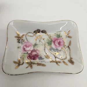 Baratija de cerámica rectangular floral rosa pintado a mano vintage de Japón - Imagen 1 de 5