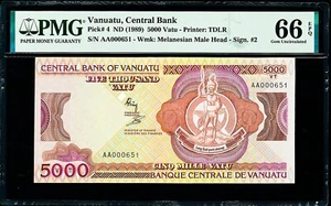 Vanuatu 5000 Vatu ND (1989) LOW Serial AA 000651 Pick-4 GEM UNC PMG 66 EPQ - Picture 1 of 2