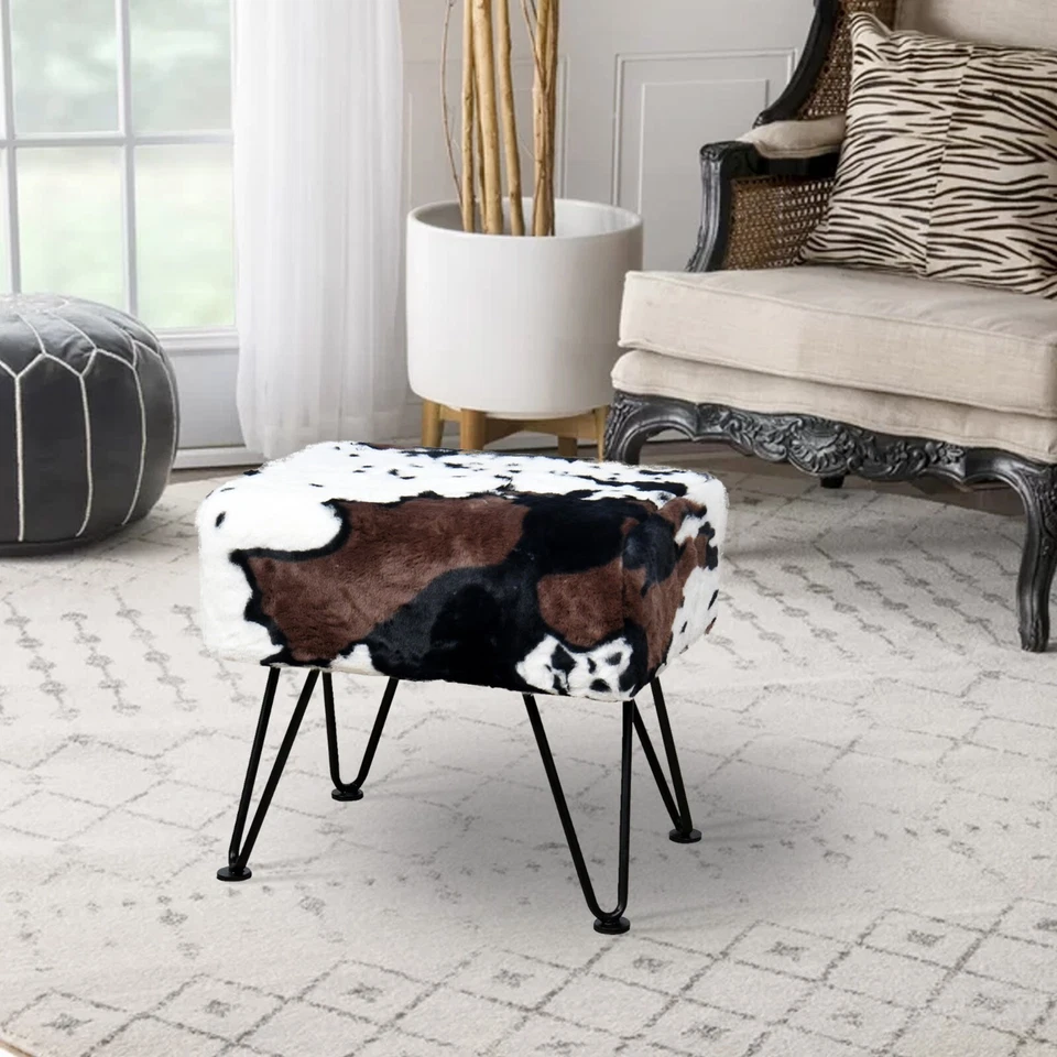 Taburete de tocador con estampado de vaca Silla de piel sintética suave Taburete de maquillaje con 4 patas de metal Foto 1 de 4