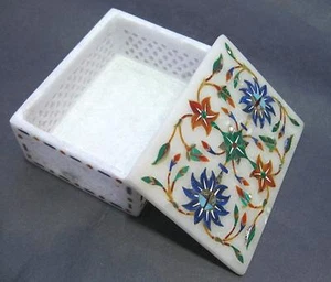 Caja de Mármol Piedras Semipreciosas Florales Artesanales Incrustación Obra de Arte Regalo - Imagen 1 de 2