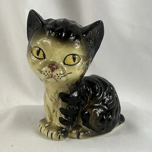 Vintage Black Cat Figurine 4” Porcelain Beige Face Chest Japan Sitting Kitty - Picture 1 of 7