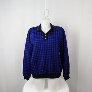 80s Alfred Dunner Collared Henley Sweater Black-Cobalt Houndstooth, Large #9846 - Picture 1 of 5