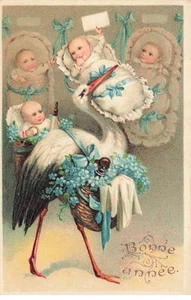 Carte Gaufrée - Bonne Année - Cigogne avec des bébés - Foto 1 di 2