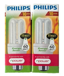 2 Pack Of Philips Energy Saver Bulbs 11W = 60W B22 BC Bayonet Fitting - NEW - Picture 1 of 4