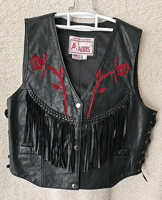 Chaleco Motociclista de Cuero de Colección ADDIS Para Mujer Talla 14 Borlas Rosas Bordadas  Foto 1 de 4