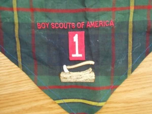 VTG #1 AXE & WOOD BoyScout Embroidered Patch GREEN PLAID Neckerchief bandana BSA - Picture 1 of 2