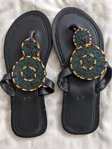Afrikanische Massai Damen weibliche Echtleder Perlen Flip-Flop Sandalen Boho 8,5 - Bild 1 von 14