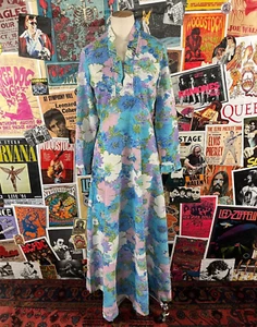 Maxi Vestido Para Mujer De Colección Años 60-70 Pastel Lamé Metálico Estampado Floral Cuello Volantes S - Imagen 1 de 19