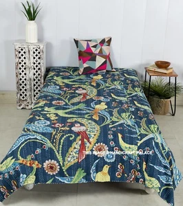 Blue Cotton Kantha Quilt Handmade Indian Bedspread Hand Block Bird Peacock Print - Picture 1 of 3