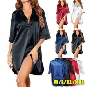 Women's Silk Satin Nightdress Short Sleeve Button-Down Pajama Sleepwear Homewea - Picture 1 of 16