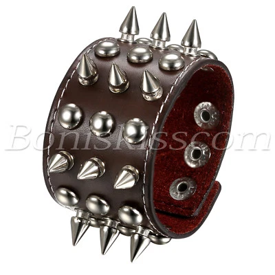 Men's Punk Rock Wide Rivet Spike Buckle Adjustable Leather Strap Bangle Bracelet - Image 1 of 4