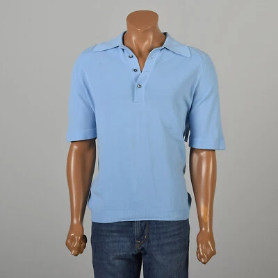 Medium 1960s Light Blue Button Up Polo Shirt Short Sleeved Good Condition - Image 1 of 4