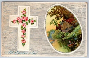 All Easter Joy, Cross With Roses, Rural Fishing Scene, 1910 Postcard Flag Cancel - Picture 1 of 2