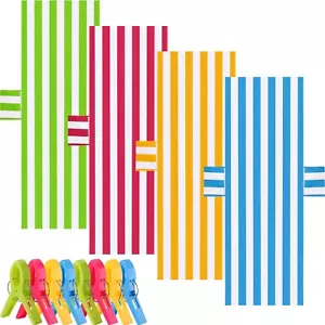4 Pack Pool Chair Towels Cover with 8 Clips Oversized Stripe Beach Chaise Cov... - Picture 1 of 6