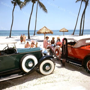 Vintage Beach Scene Reenactment Swimsuits Cars 1970s Original 120mm Transparency - Picture 1 of 2