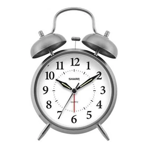 Twin Bell Quartz Analog Alarm Clock, Silver Brushed Metal, Battery Operated - Picture 1 of 7
