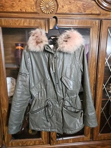 SAM. New York Women's Coat Size S PINK RACCOON FUR HOODIE Army Green Jacket - Picture 1 of 13