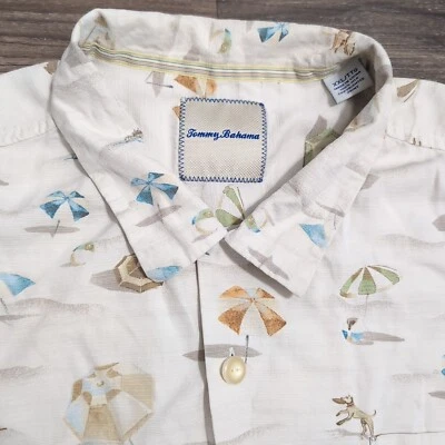 Tommy Bahama 2XL Rare Silk Hawaiian Camp Shirt Beach Umbrella Dog Allover Print - Image 1 of 4