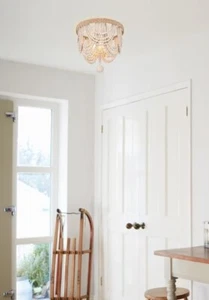 Chandelier Flush Mount Ceiling Light Fixture Shabby Antique White Chic Wood Bead - Picture 1 of 9