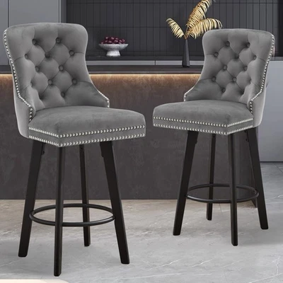 Modern Swivel Bar Barstools Button Tufted Bar Stools Rivet Trim Bar Stools - Image 1 of 4