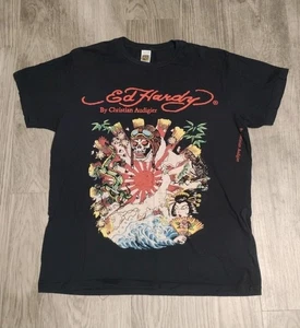 Vintage Y2K Ed Hardy By Christian Audigier Kamikaze Double Sided T-Shirt Black L - Bild 1 von 6