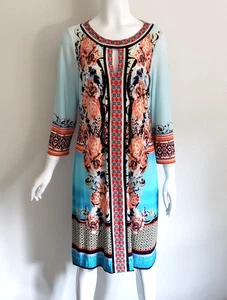 Beige by Eci Women's Size 8 Shift Dress 3/4 Sleeve Keyhole Floral Turquoise NWT - Picture 1 of 20