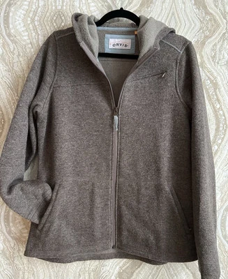 ORVIS Mujer M Mezcla Lana SUÉTER POLAR CHAQUETA Marrón Cremallera Completa Bolsillos Con Capucha Foto 1 de 4