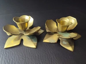 Pair of Vintage Brass Lotus Flower Candlestick Holder Mid Century Modern Decor - Picture 1 of 13