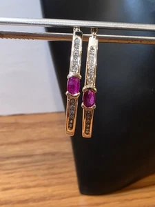 Vintage Alwand Vahan 14k Natural Ruby Diamond Hoop Earrings - Picture 1 of 13