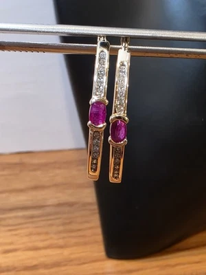 Vintage Alwand Vahan 14k Natural Ruby Diamond Hoop Earrings - Image 1 of 4