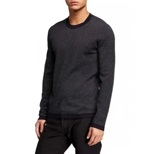 Theory Men's M Ollis Milos Sweater Striped Crewneck 100% Merino Wool Black White - Picture 1 of 13